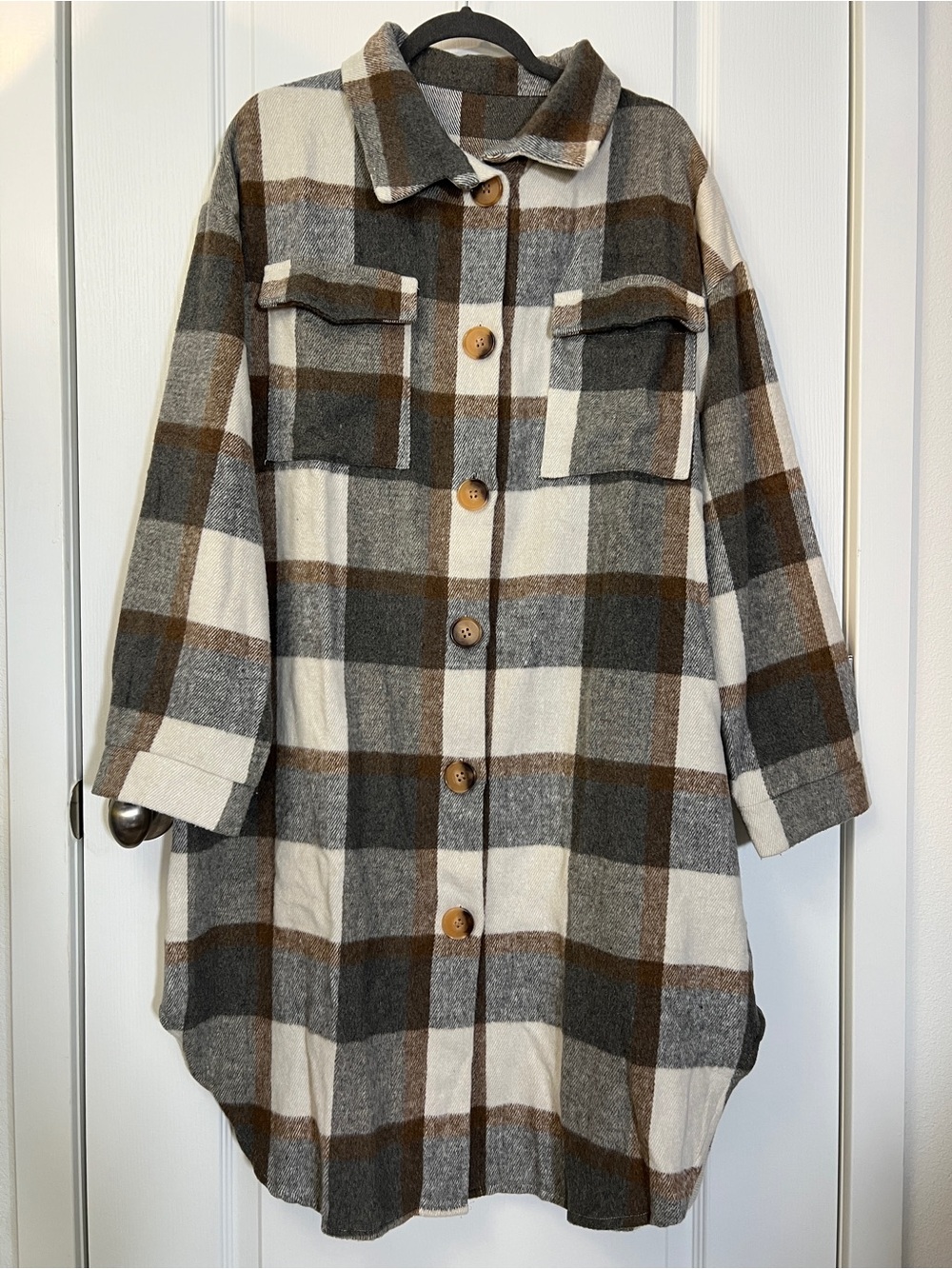 Oversized Plaid Trench Coat in Cream, Gray & Brown